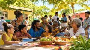 A vibrant Caribbean community scene representing multicultural unity shared food faith education and everyday coexistence