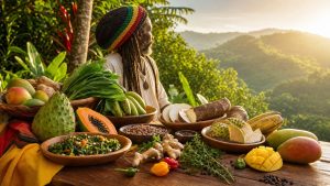 A Rastafarian person beside a table of Caribbean Ital foods with tropical produce and herbs overlooking a lush island hillside